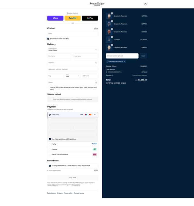 Swan & Edgar checkout page showing Swan & Edgar promo code box | Screenshot taken by SimplyCodes community member on Sep 12, 2025