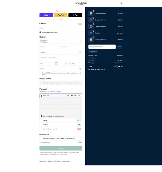 Swan & Edgar checkout page showing Swan & Edgar promo code box | Screenshot taken by SimplyCodes community member on Sep 12, 2025