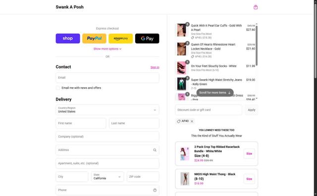 Swank A Posh checkout page showing Swank A Posh discount code box | Screenshot taken by SimplyCodes community member on Sep 13, 2025