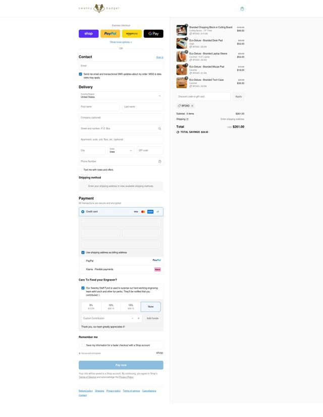 Swanky Badger checkout page showing Swanky Badger discount code box | Screenshot taken by SimplyCodes community member on Sep 11, 2025