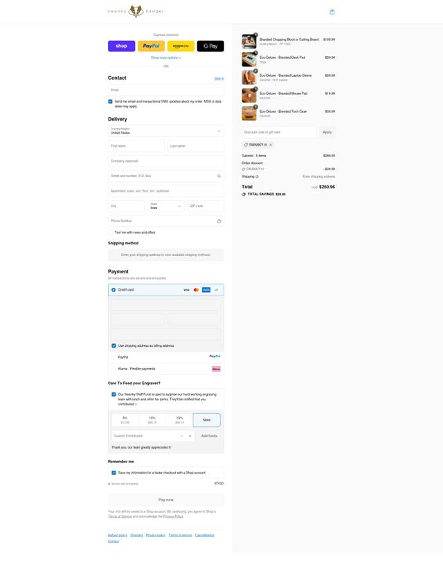 Swanky Badger checkout page showing Swanky Badger discount code box | Screenshot taken by SimplyCodes community member on Sep 15, 2025