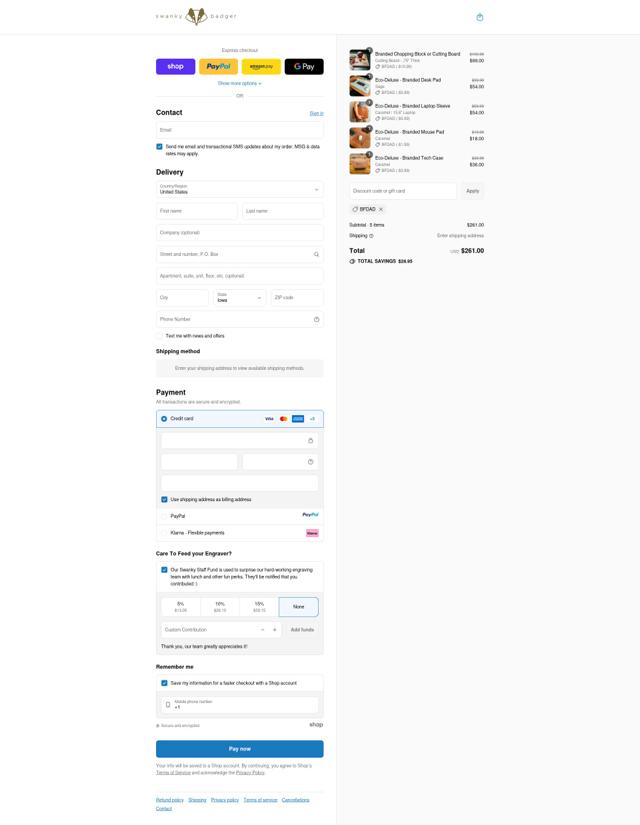 Swanky Badger checkout page showing Swanky Badger discount code box | Screenshot taken by SimplyCodes community member on Sep 15, 2025