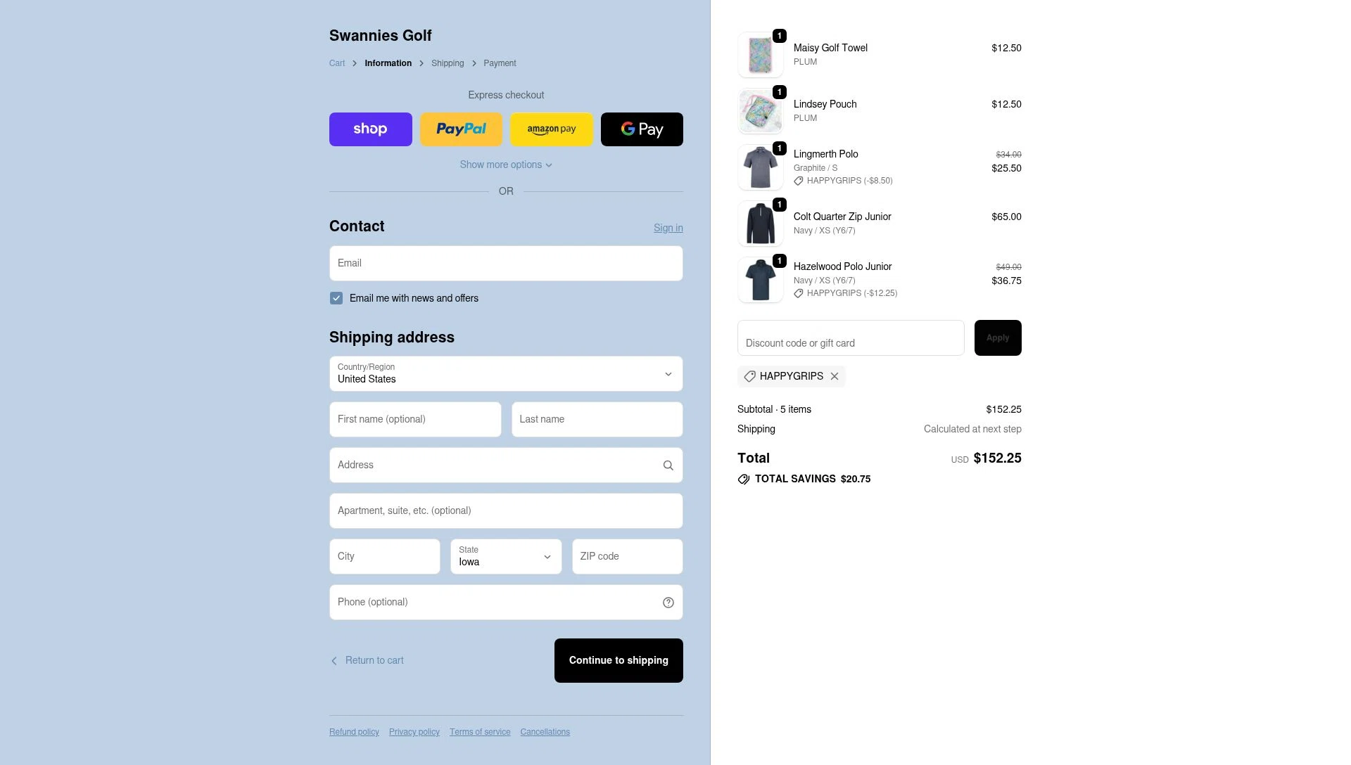 Swannies Golf checkout page showing Swannies Golf discount code box | Screenshot taken by SimplyCodes community member on Feb 20, 2026