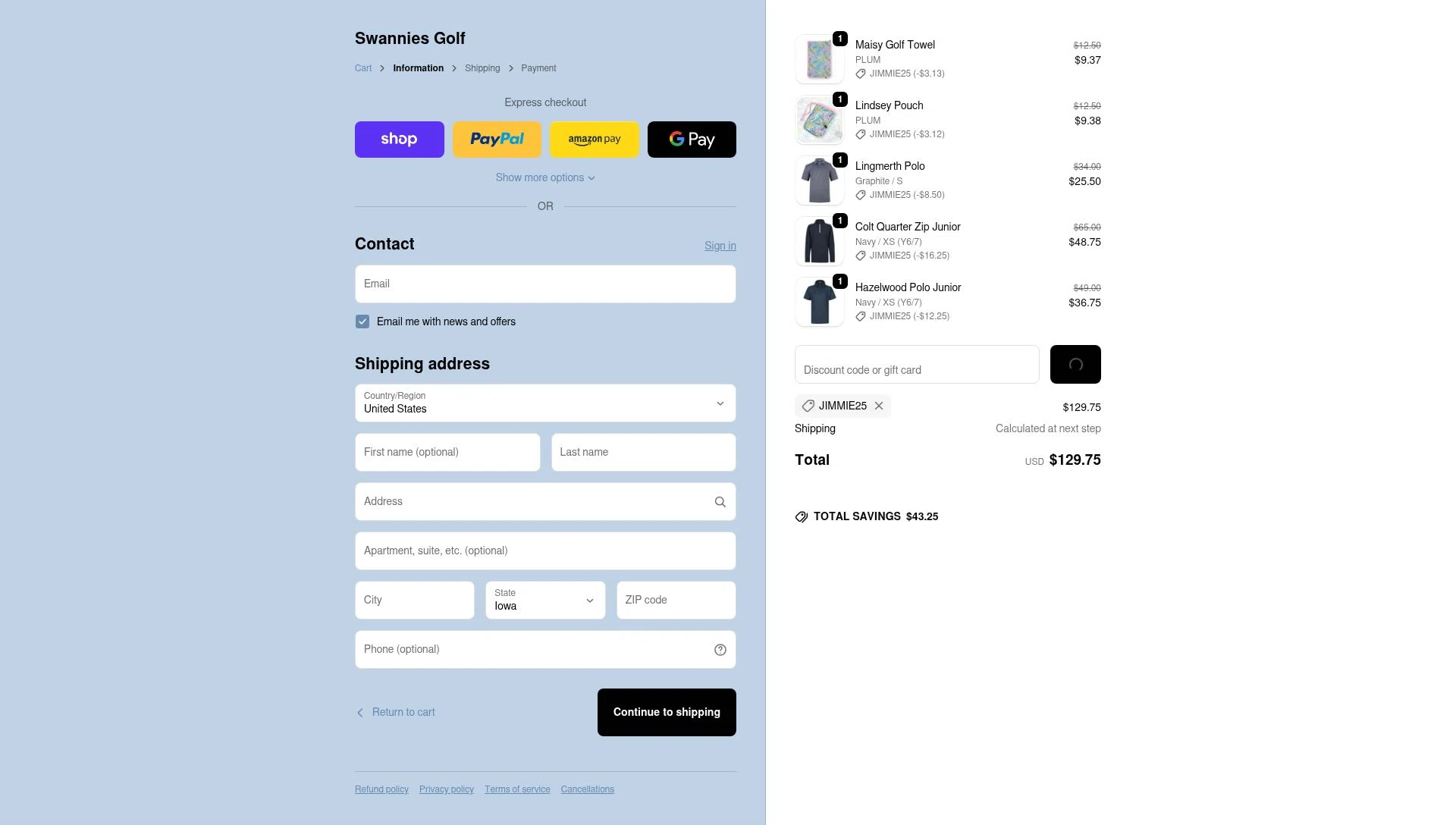 Swannies Golf checkout page showing Swannies Golf discount code box | Screenshot taken by SimplyCodes community member on Feb 20, 2026