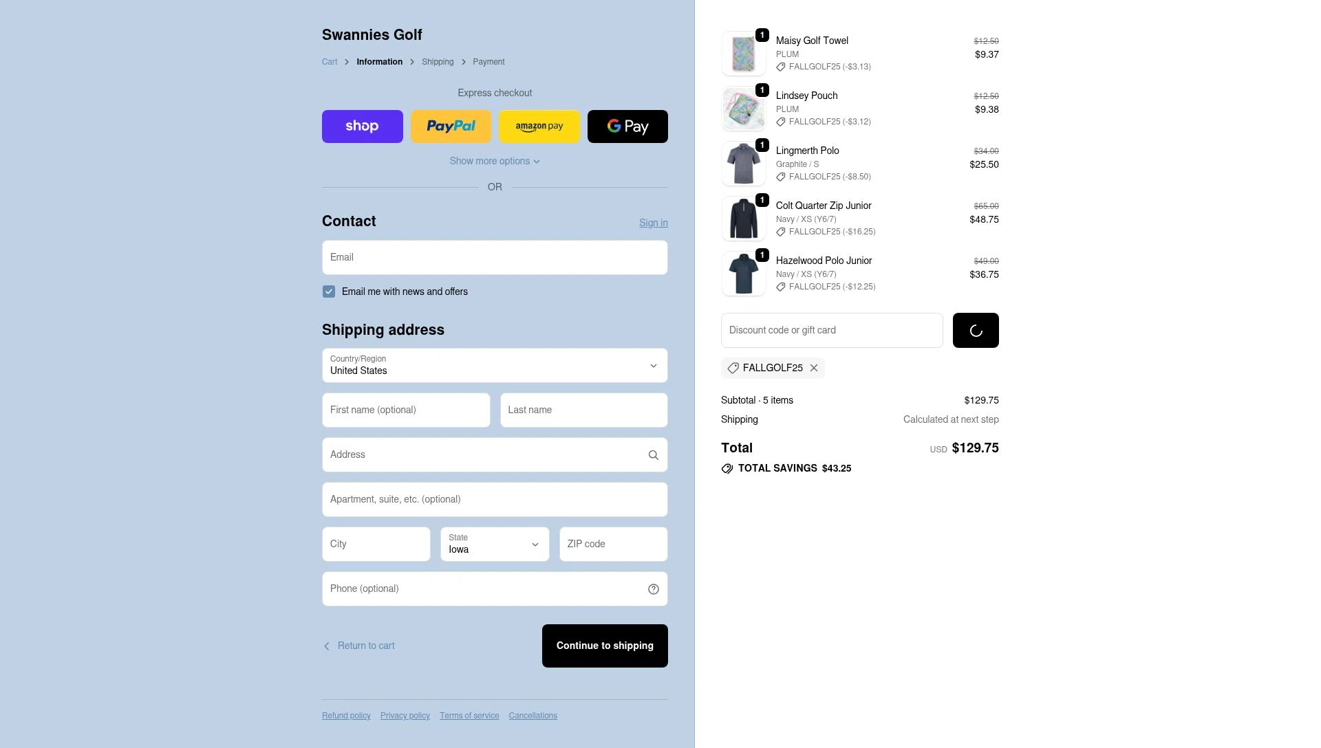 Swannies Golf checkout page showing Swannies Golf discount code box | Screenshot taken by SimplyCodes community member on Feb 20, 2026