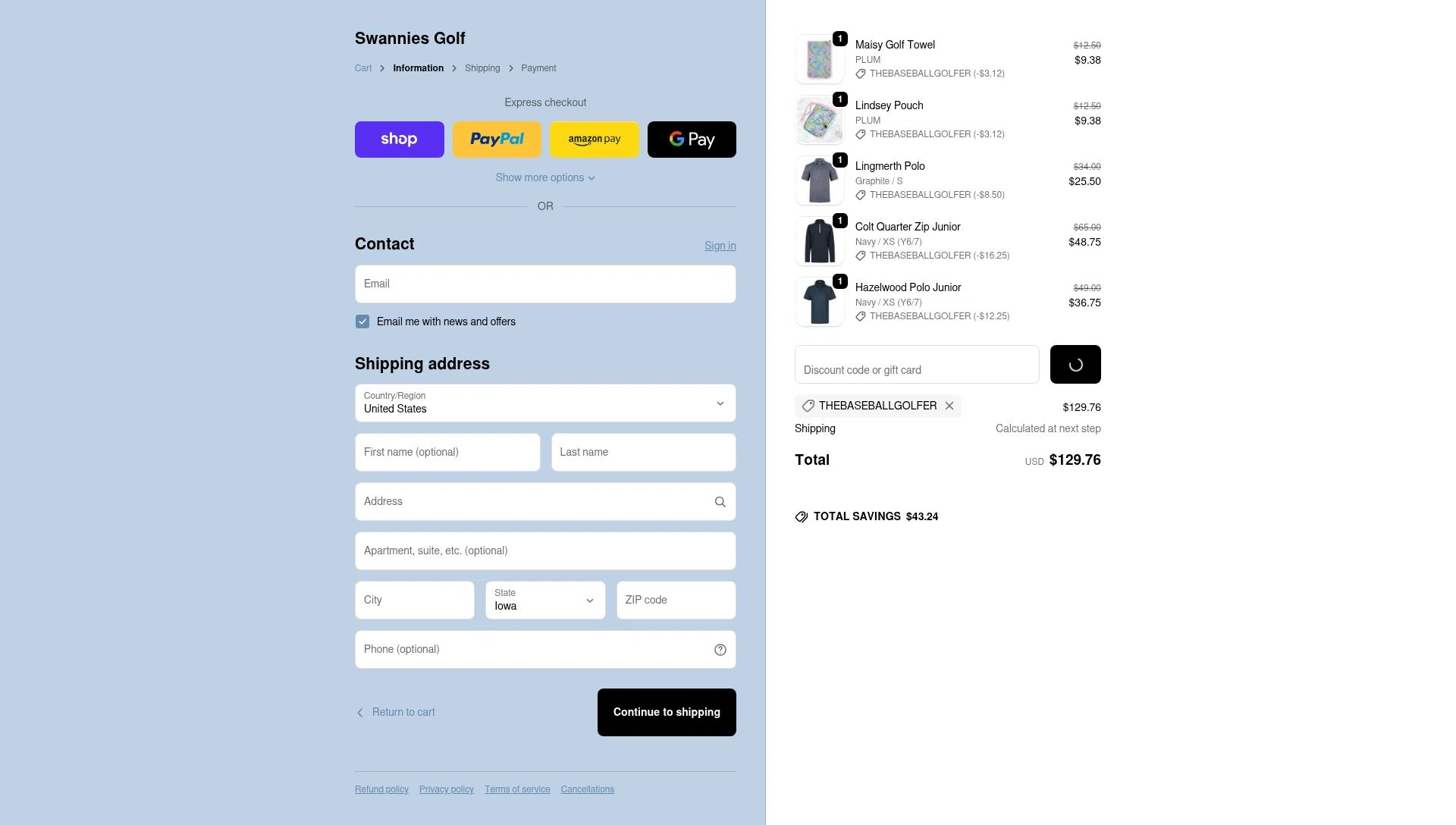 Swannies Golf checkout page showing Swannies Golf discount code box | Screenshot taken by SimplyCodes community member on Feb 20, 2026