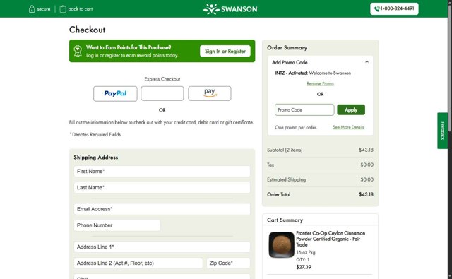 Swanson Vitamins checkout page showing Swanson Vitamins promo code box | Screenshot taken by SimplyCodes community member on Aug 28, 2025