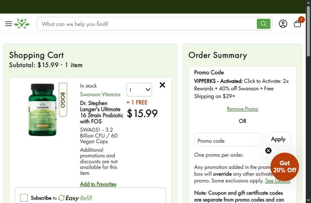 Swanson Vitamins checkout page showing Swanson Vitamins promo code box | Screenshot taken by SimplyCodes community member on Aug 31, 2025