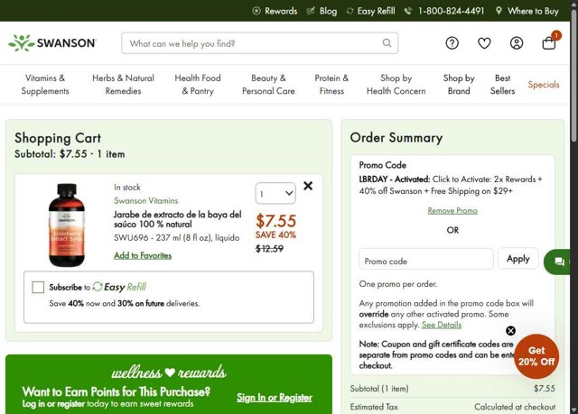 Swanson Vitamins checkout page showing Swanson Vitamins promo code box | Screenshot taken by SimplyCodes community member on Sep 2, 2025