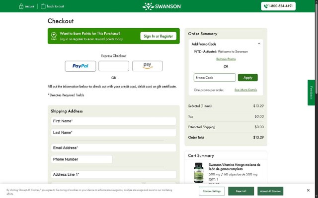 Swanson Vitamins checkout page showing Swanson Vitamins promo code box | Screenshot taken by SimplyCodes community member on Aug 29, 2025