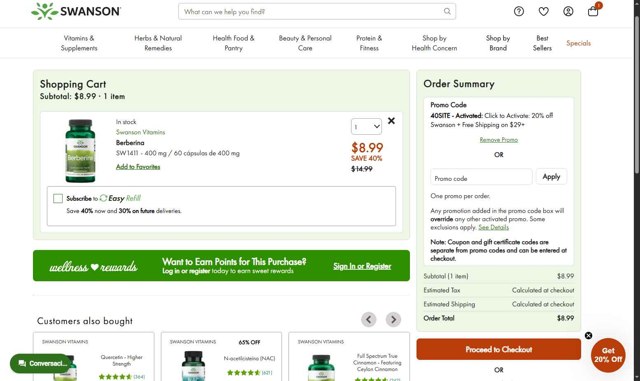 Swanson Vitamins checkout page showing Swanson Vitamins promo code box | Screenshot taken by SimplyCodes community member on Aug 28, 2025
