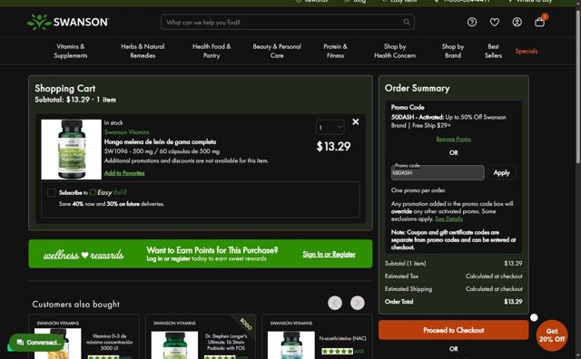 Swanson Vitamins checkout page showing Swanson Vitamins promo code box | Screenshot taken by SimplyCodes community member on Sep 4, 2025