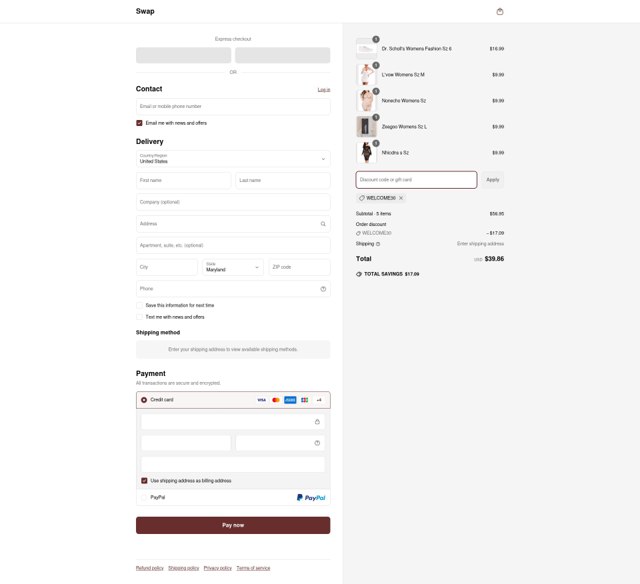 Swap checkout page showing Swap coupon code box | Screenshot taken by SimplyCodes community member on Jun 18, 2025