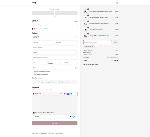 Swap checkout page showing Swap coupon code box | Screenshot taken by SimplyCodes community member on Jun 22, 2025