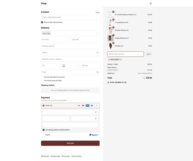 Swap checkout page showing Swap coupon code box | Screenshot taken by SimplyCodes community member on Jun 11, 2025