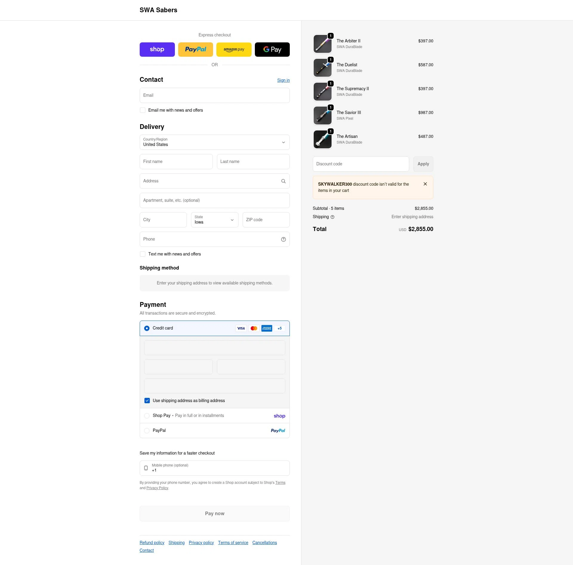 SWA Sabers checkout page showing SWA Sabers discount code box | Screenshot taken by SimplyCodes community member on Feb 5, 2026