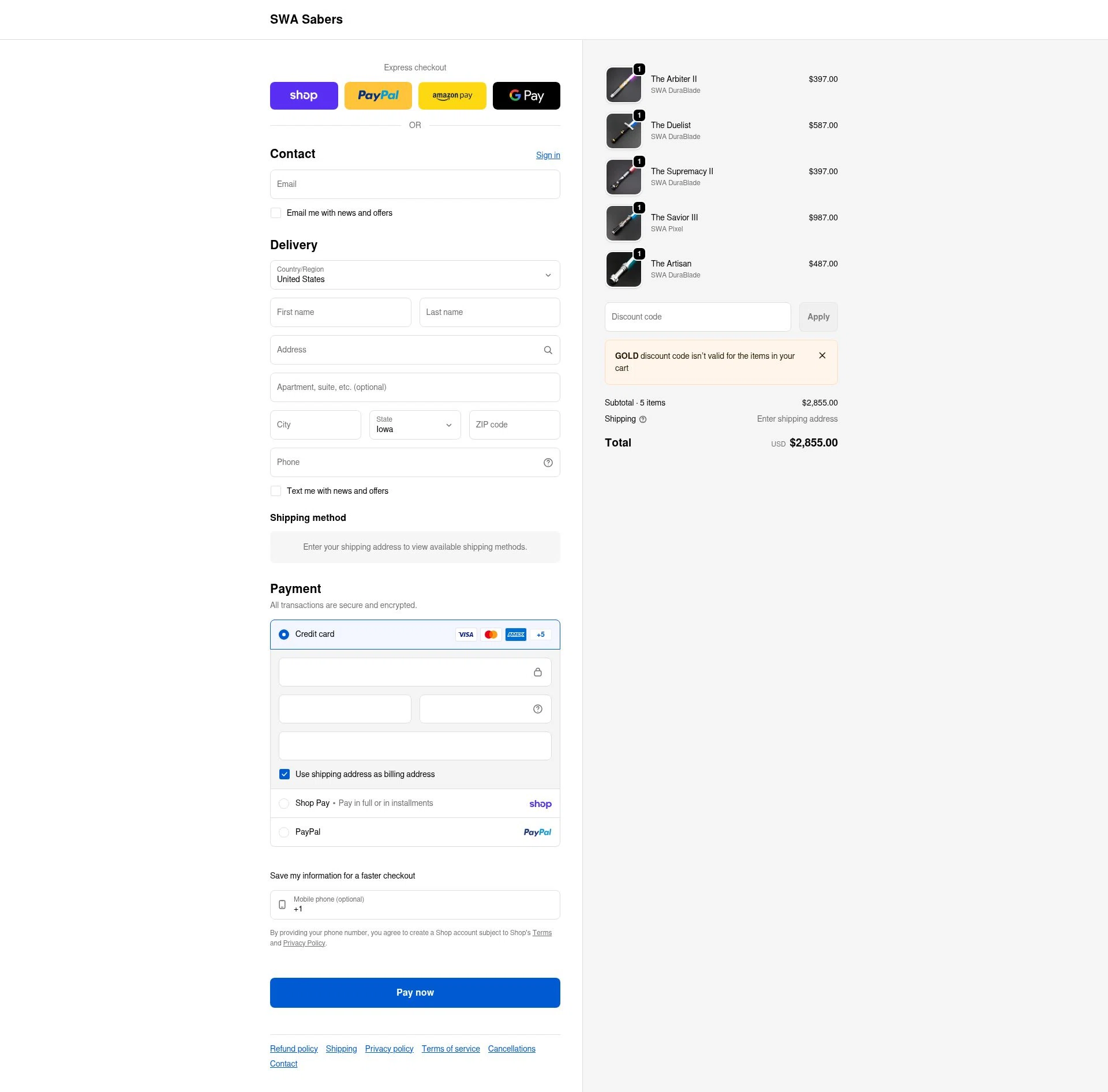 SWA Sabers checkout page showing SWA Sabers discount code box | Screenshot taken by SimplyCodes community member on Feb 5, 2026