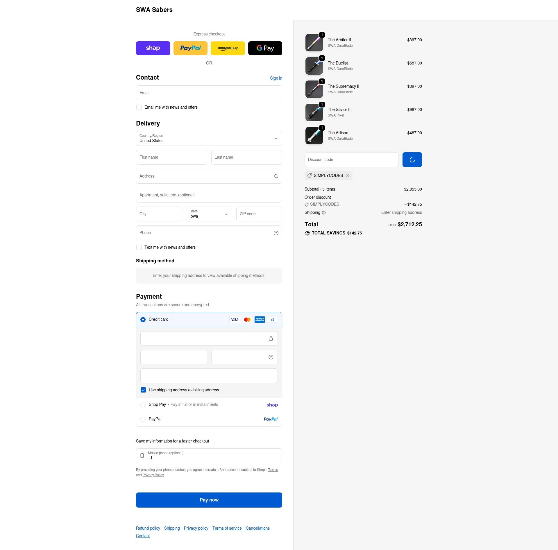 SWA Sabers checkout page showing SWA Sabers discount code box | Screenshot taken by SimplyCodes community member on Feb 5, 2026