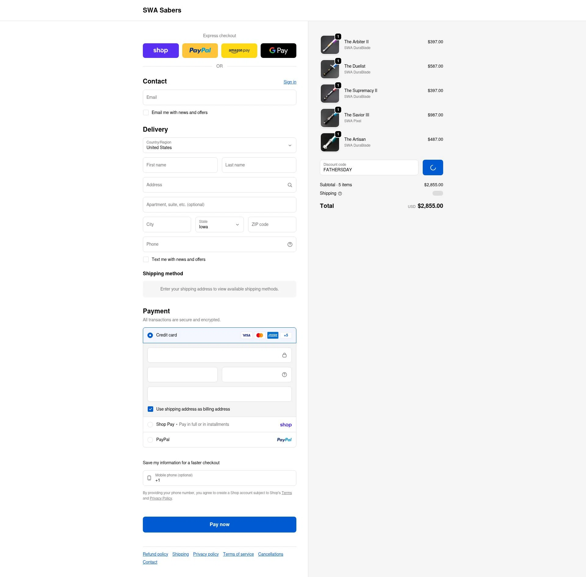 SWA Sabers checkout page showing SWA Sabers discount code box | Screenshot taken by SimplyCodes community member on Feb 5, 2026