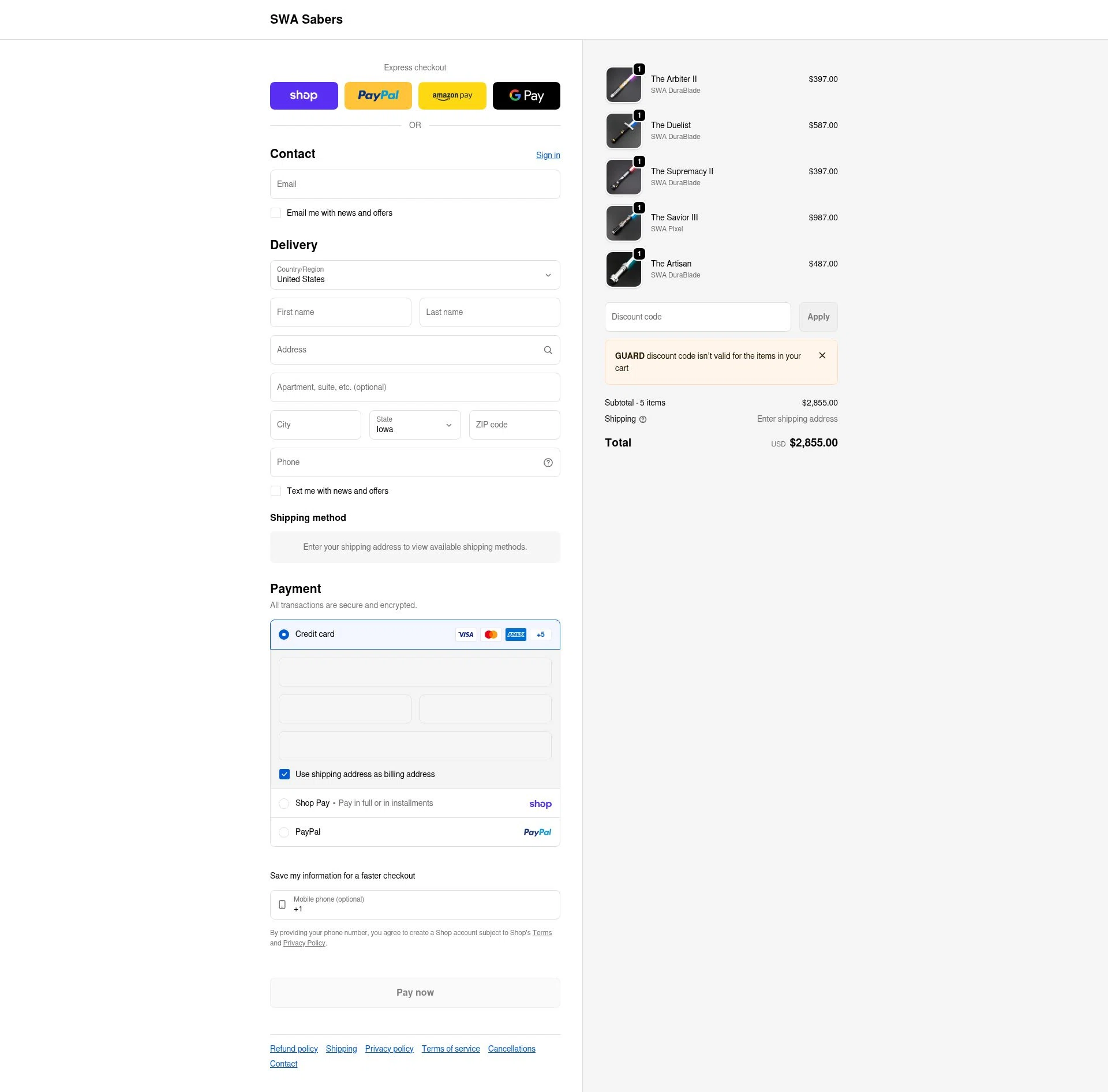 SWA Sabers checkout page showing SWA Sabers discount code box | Screenshot taken by SimplyCodes community member on Feb 5, 2026