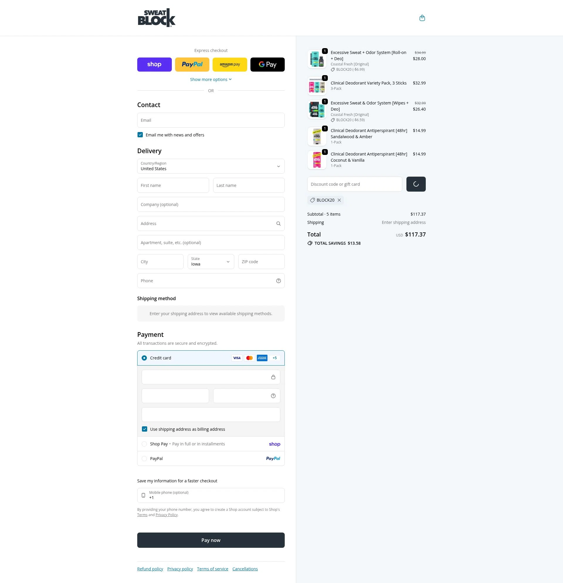 SweatBlock checkout page showing SweatBlock promo code box | Screenshot taken by SimplyCodes community member on Feb 17, 2026