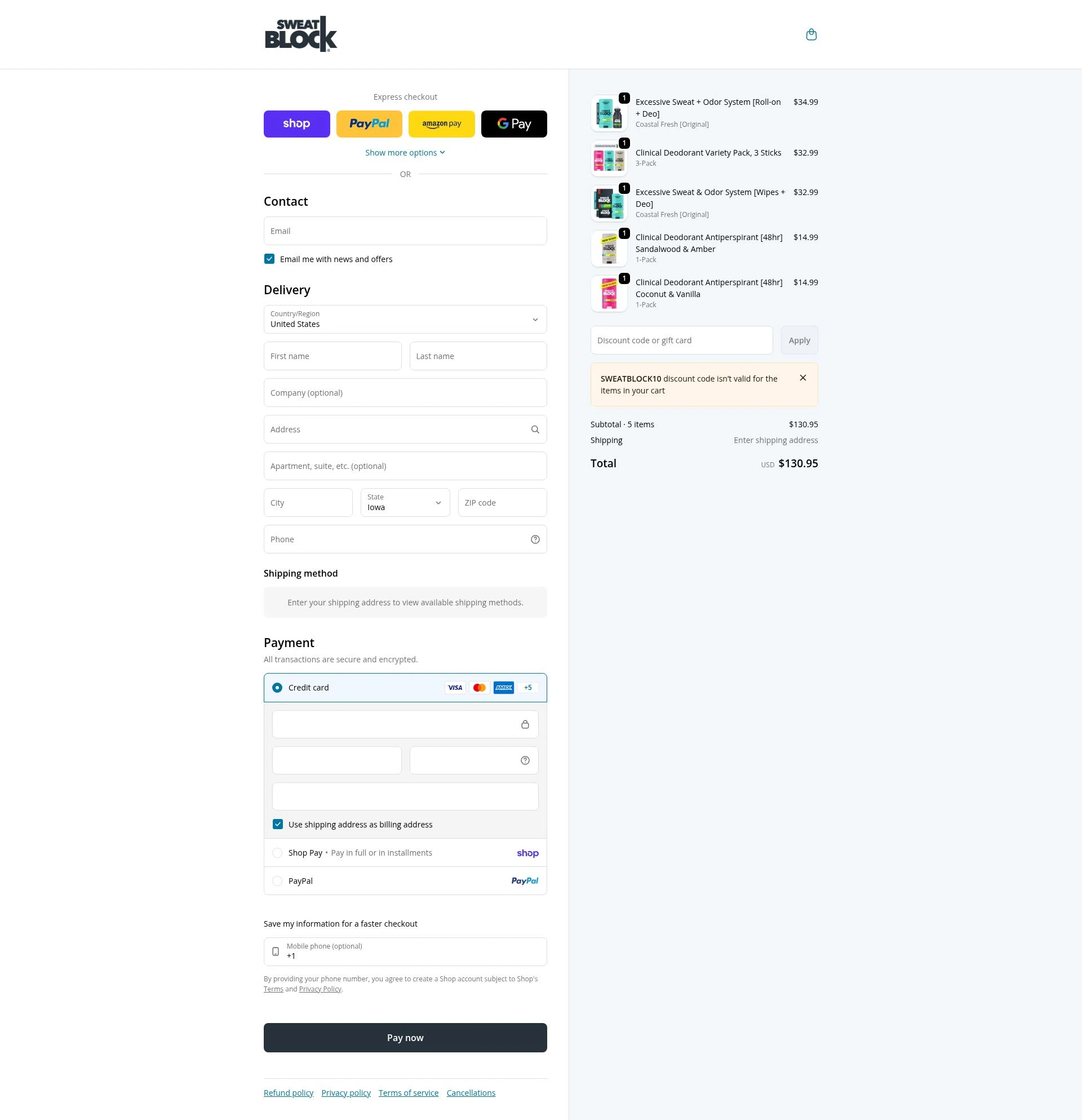 SweatBlock checkout page showing SweatBlock promo code box | Screenshot taken by SimplyCodes community member on Feb 17, 2026