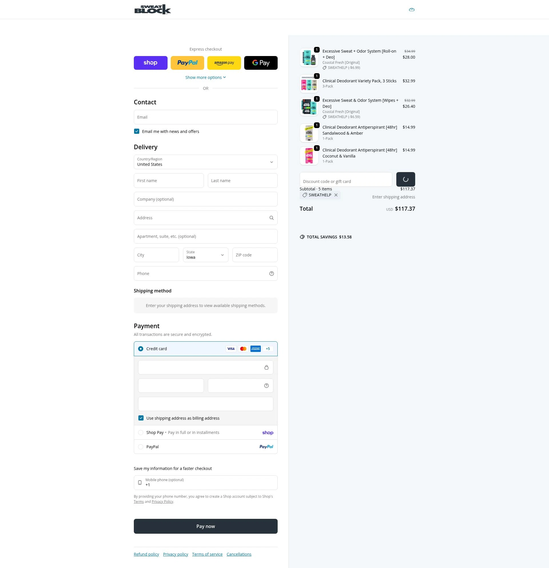 SweatBlock checkout page showing SweatBlock promo code box | Screenshot taken by SimplyCodes community member on Feb 17, 2026
