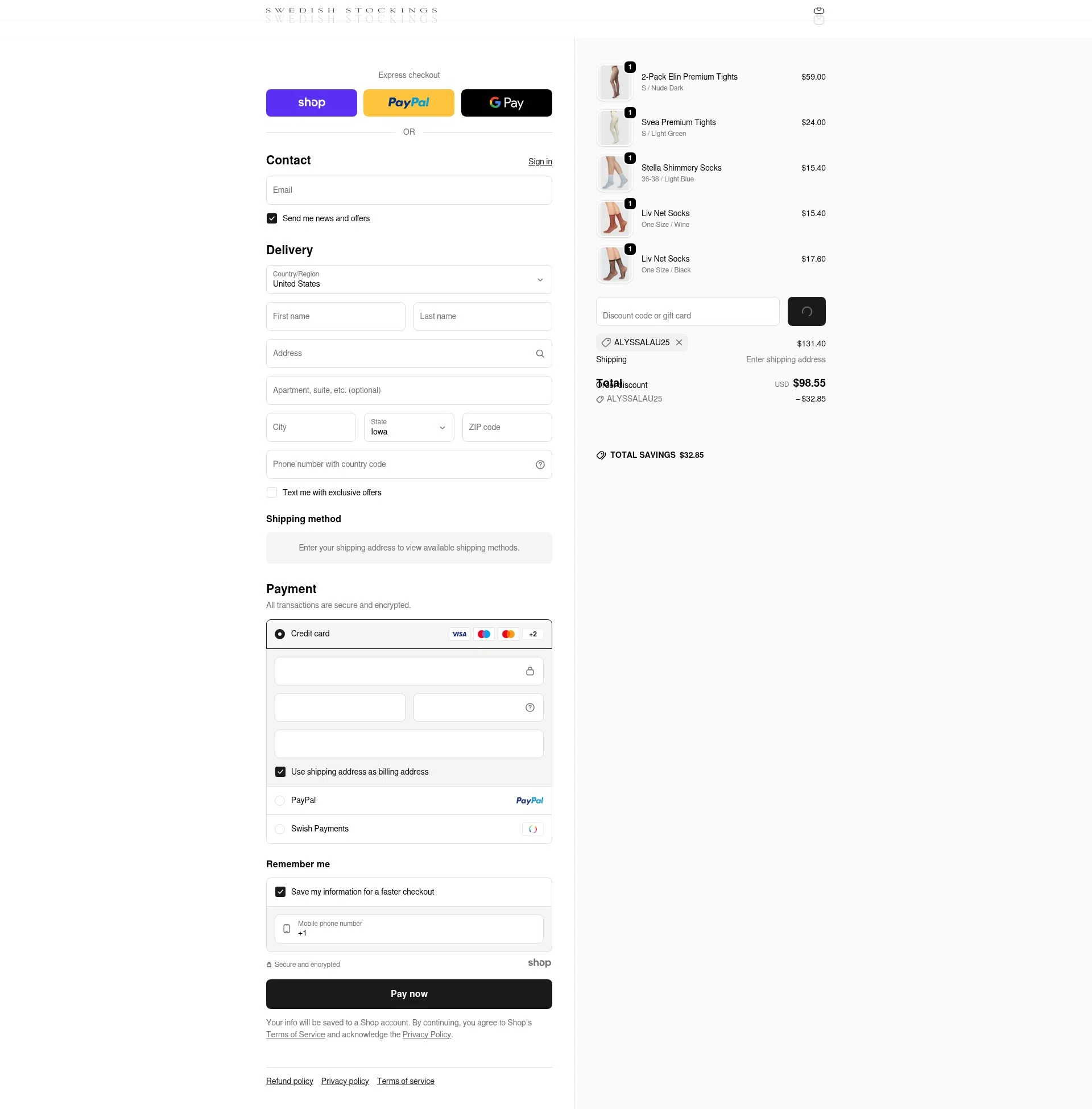 Swedish Stockings checkout page showing Swedish Stockings discount code box | Screenshot taken by SimplyCodes community member on Jan 1, 2026