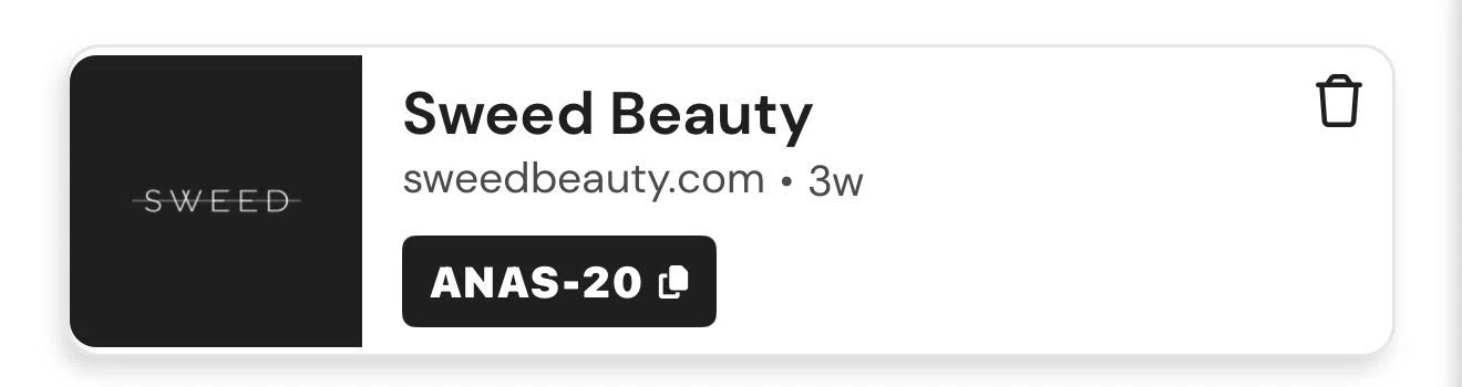 Sweed Beauty promo code screenshot showing code ANAS-20 applied at Sweed Beauty checkout page. Uploaded by SimplyCodes community member FortunatePro9173 on Feb 12, 2026