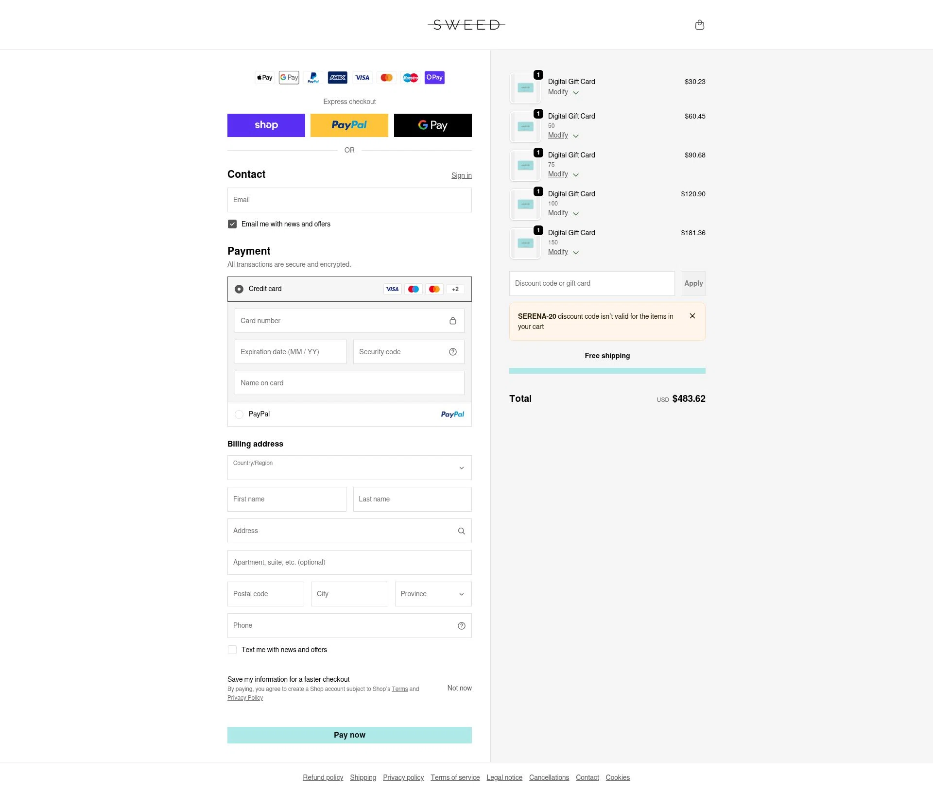 Sweed Beauty checkout page showing Sweed Beauty promo code box | Screenshot taken by SimplyCodes community member on Feb 16, 2026