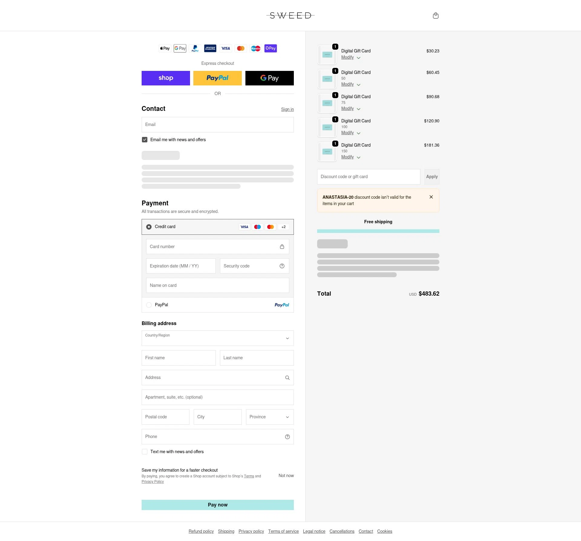 Sweed Beauty checkout page showing Sweed Beauty promo code box | Screenshot taken by SimplyCodes community member on Feb 16, 2026