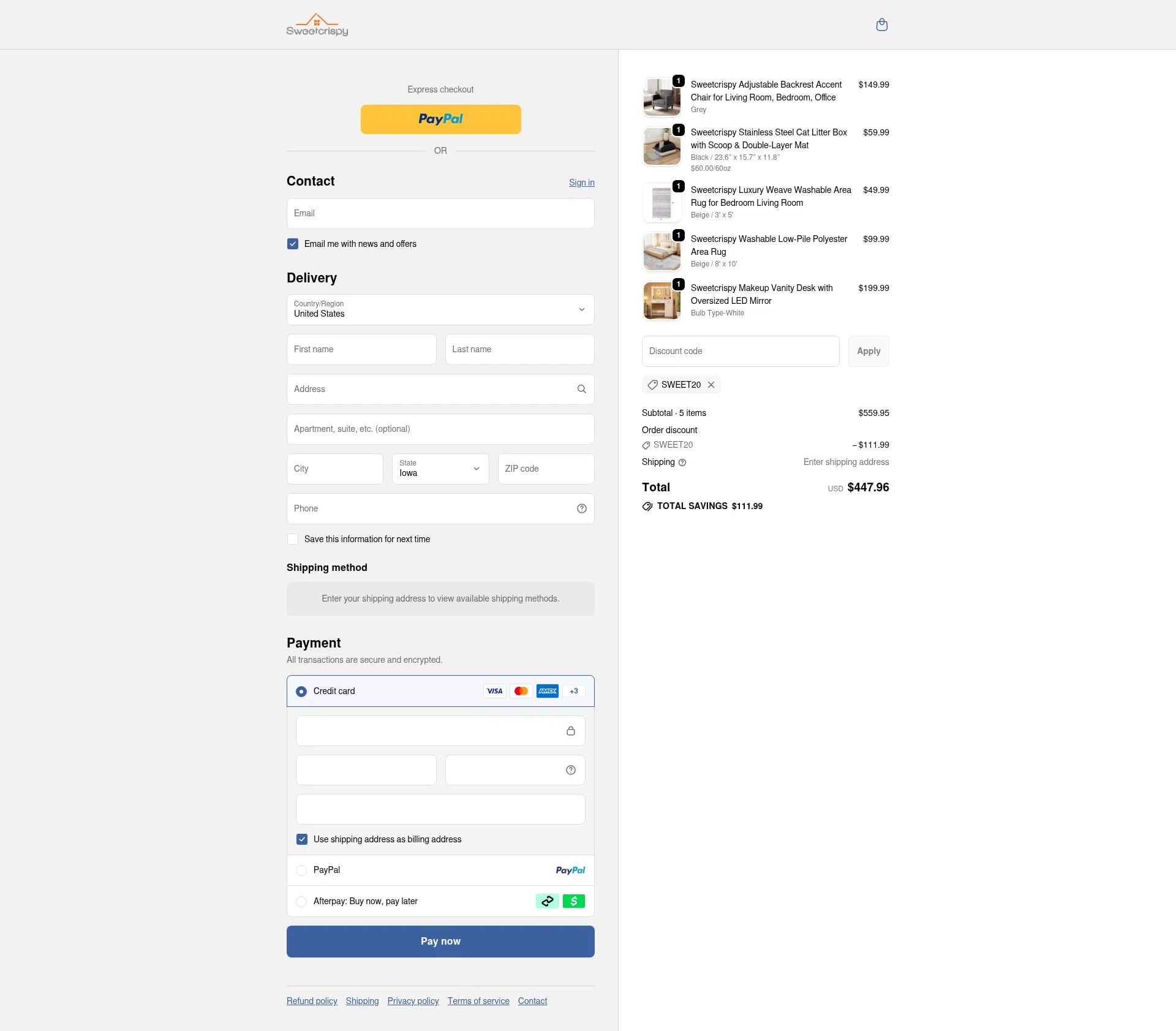 sweetcrispy checkout page showing sweetcrispy promo code box | Screenshot taken by SimplyCodes community member on Jan 9, 2026