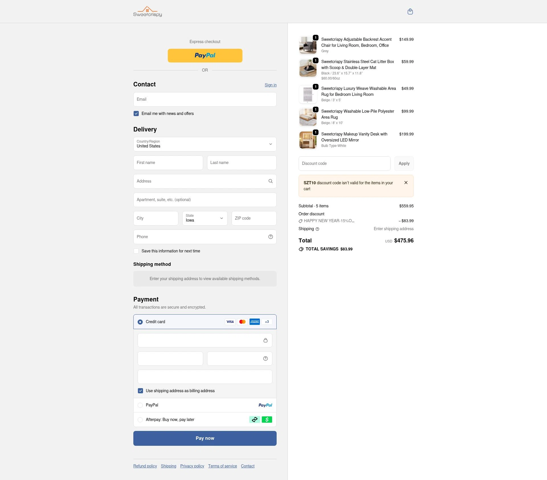 sweetcrispy checkout page showing sweetcrispy promo code box | Screenshot taken by SimplyCodes community member on Jan 9, 2026
