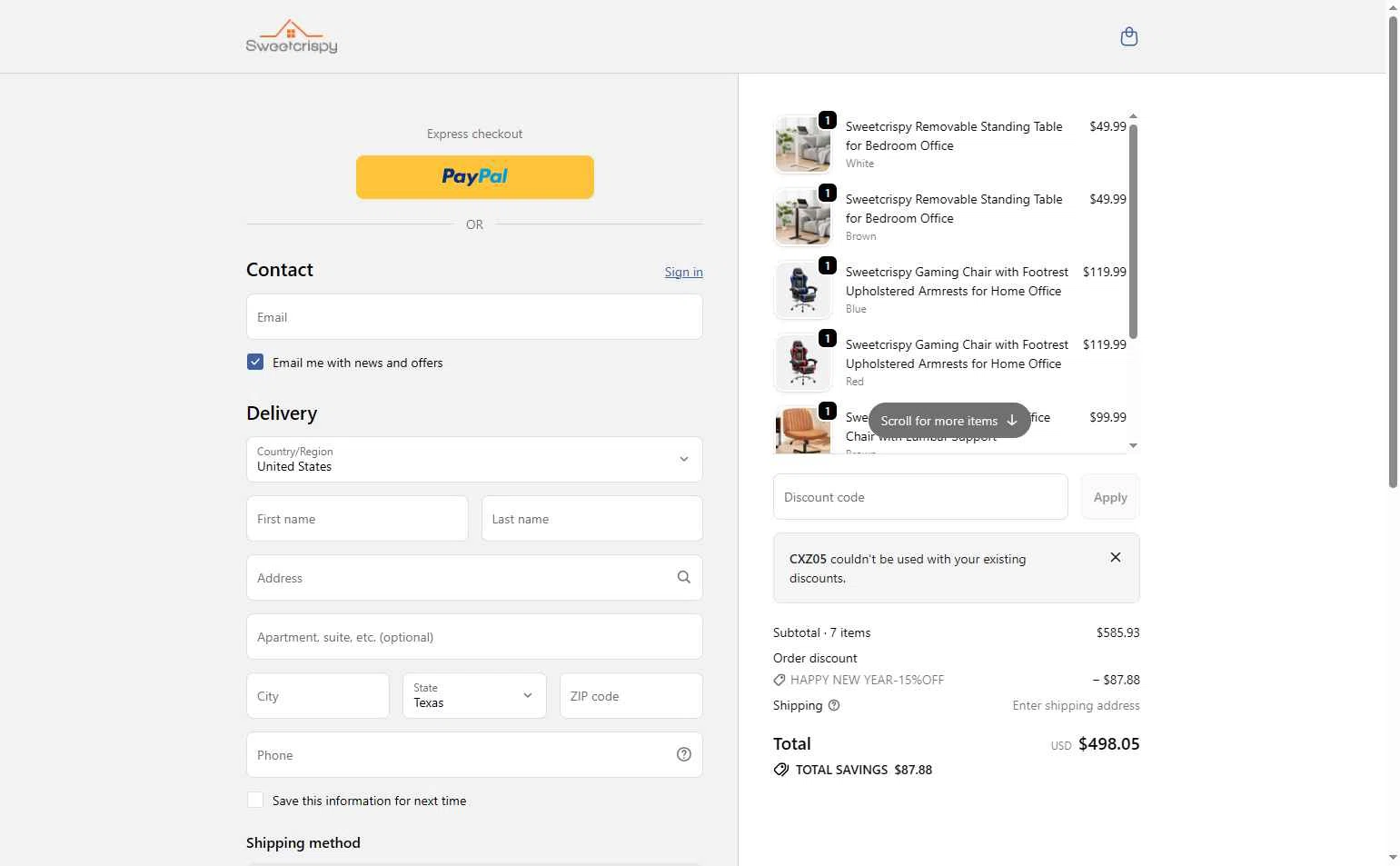 sweetcrispy checkout page showing sweetcrispy promo code box | Screenshot taken by SimplyCodes community member on Jan 9, 2026