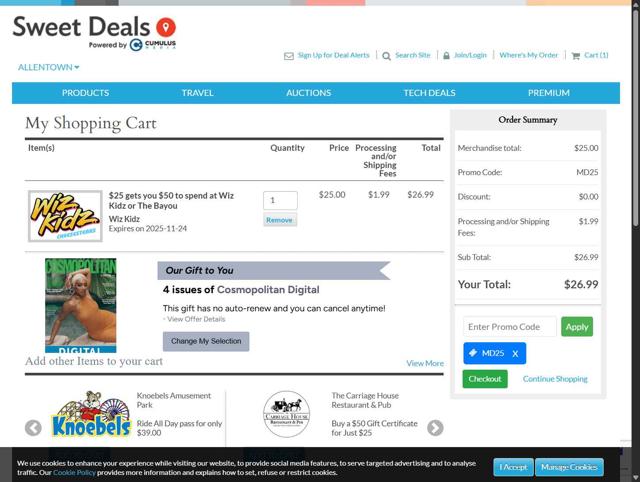 Sweet Deals checkout page showing Sweet Deals promo code box | Screenshot taken by SimplyCodes community member on May 24, 2025
