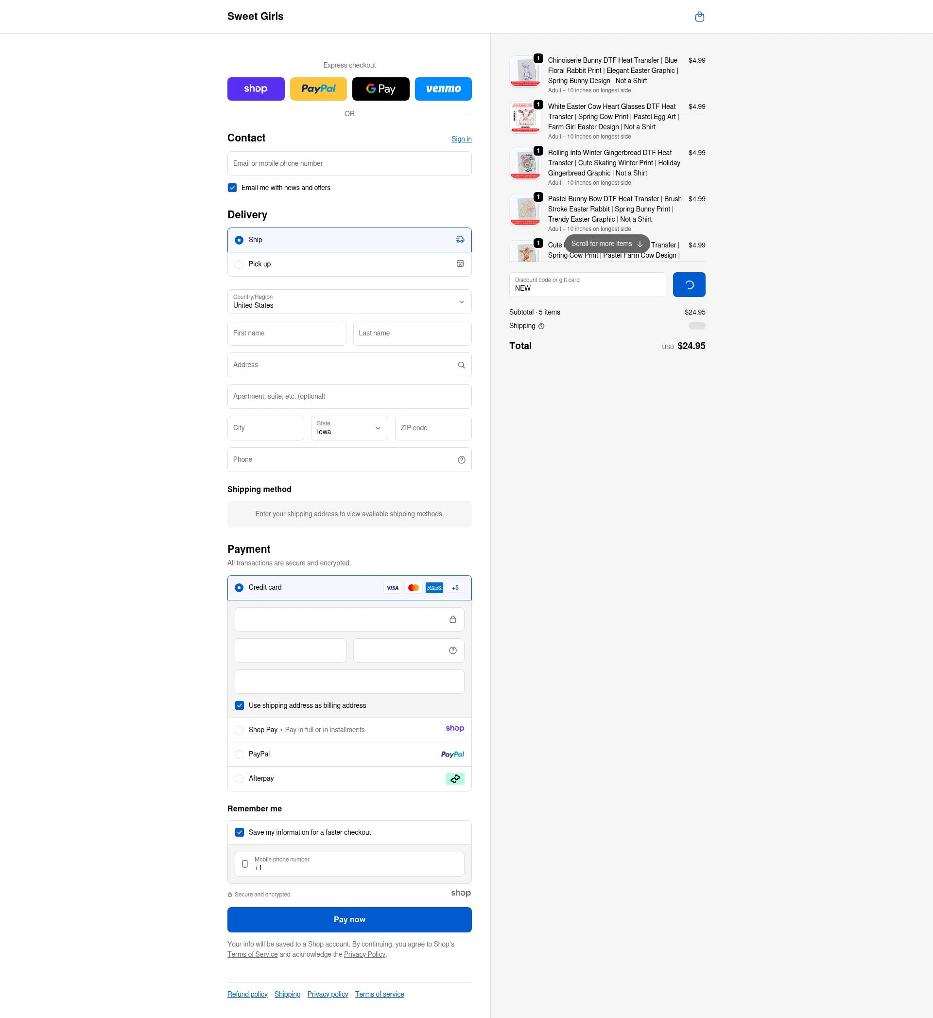 Sweet Girls Boutique checkout page showing Sweet Girls Boutique promo code box | Screenshot taken by SimplyCodes community member on Dec 26, 2025