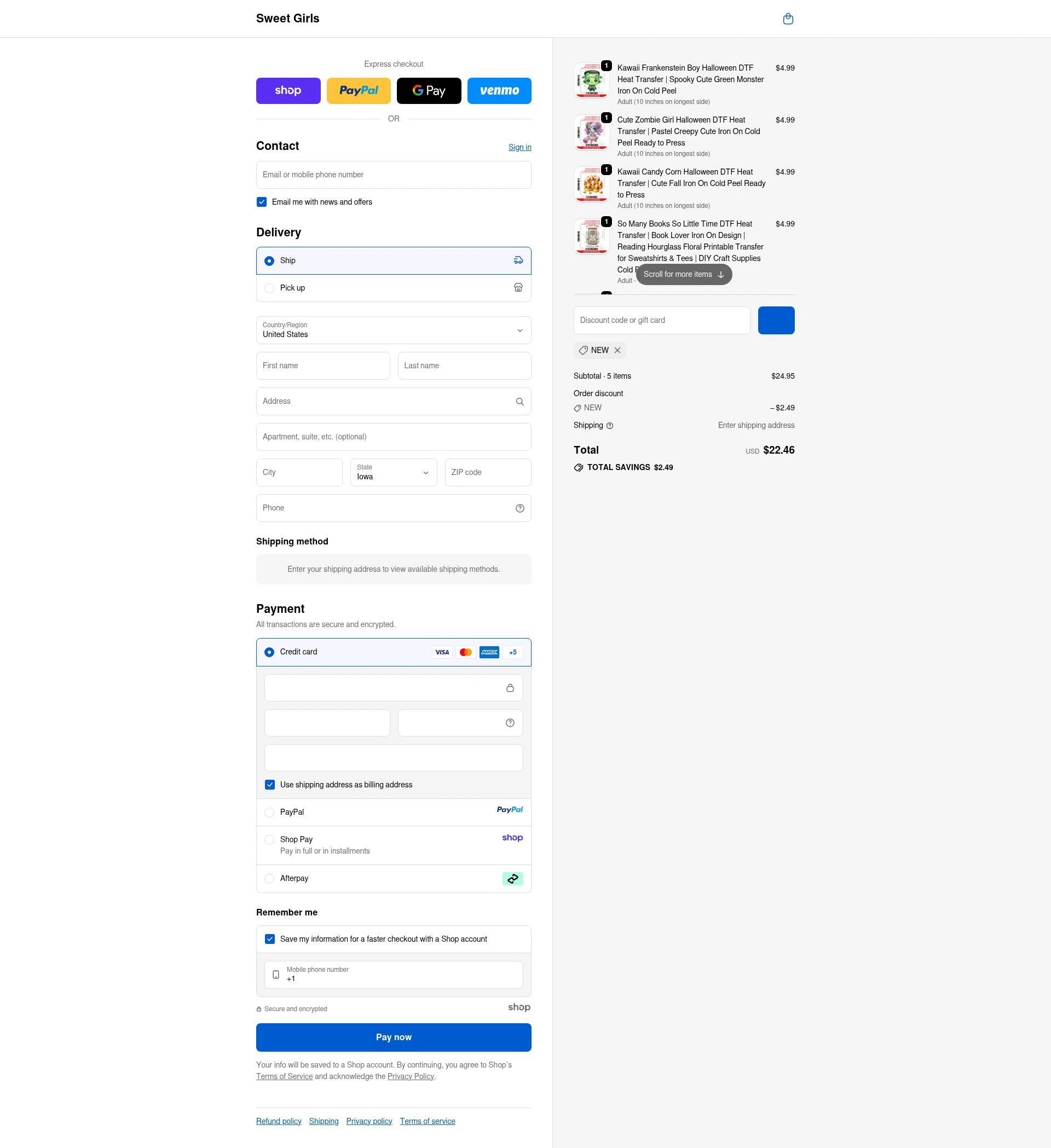 Sweet Girls Boutique checkout page showing Sweet Girls Boutique promo code box | Screenshot taken by SimplyCodes community member on Sep 19, 2025