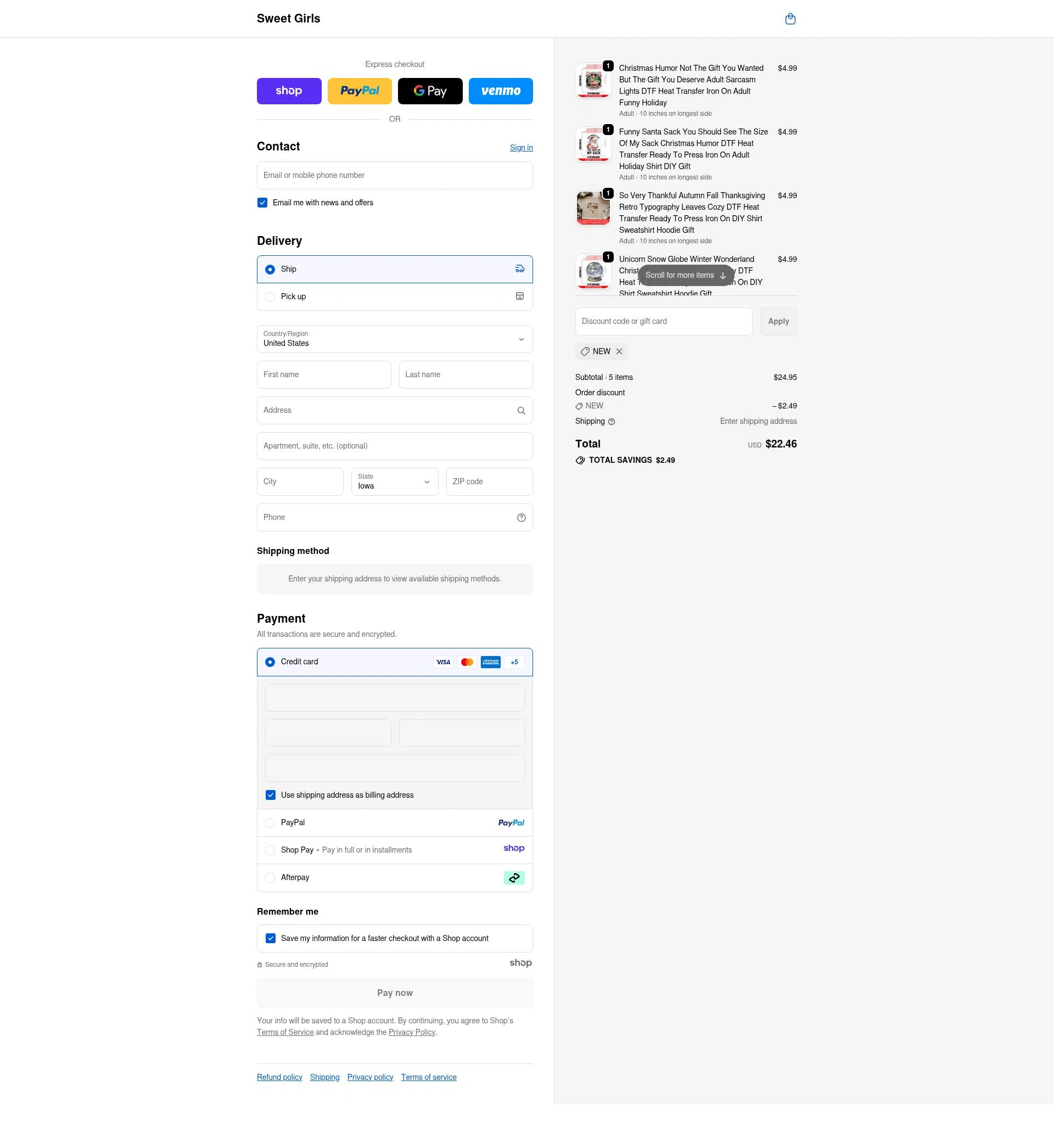 Sweet Girls Boutique checkout page showing Sweet Girls Boutique promo code box | Screenshot taken by SimplyCodes community member on Nov 6, 2025