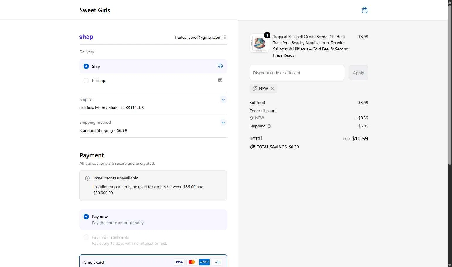 Sweet Girls Boutique checkout page showing Sweet Girls Boutique promo code box | Screenshot taken by SimplyCodes community member on Dec 5, 2025