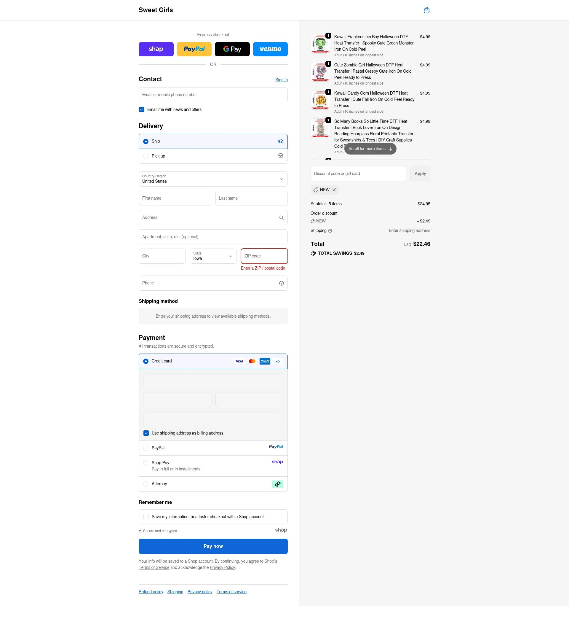 Sweet Girls Boutique checkout page showing Sweet Girls Boutique promo code box | Screenshot taken by SimplyCodes community member on Sep 23, 2025