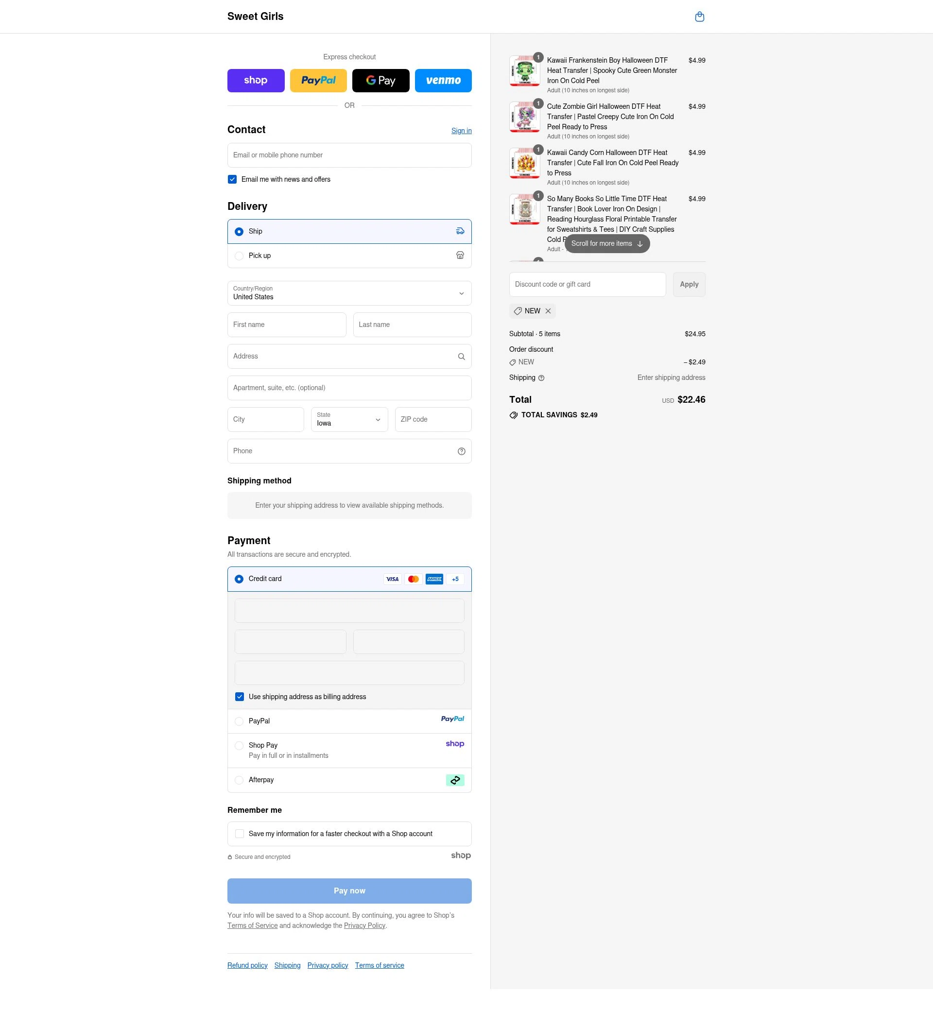 Sweet Girls Boutique checkout page showing Sweet Girls Boutique promo code box | Screenshot taken by SimplyCodes community member on Sep 15, 2025
