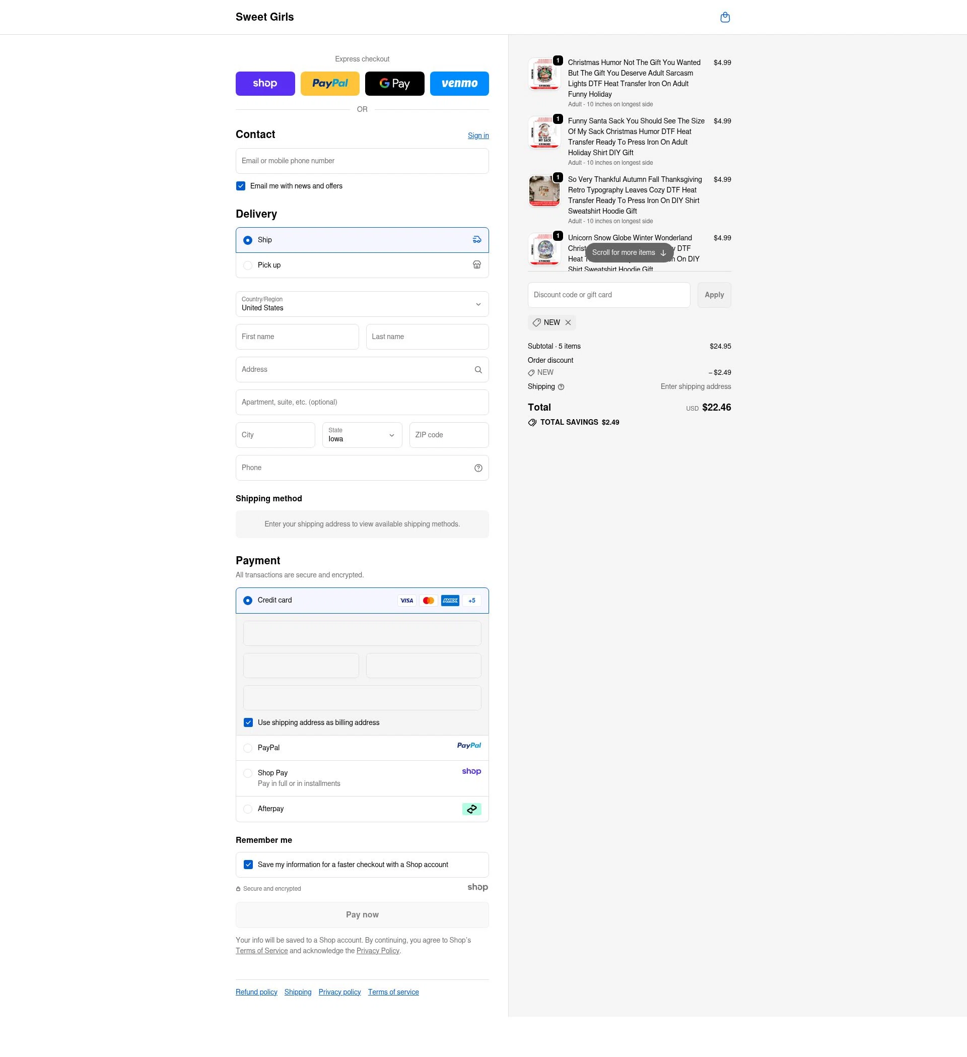 Sweet Girls Boutique checkout page showing Sweet Girls Boutique promo code box | Screenshot taken by SimplyCodes community member on Oct 17, 2025