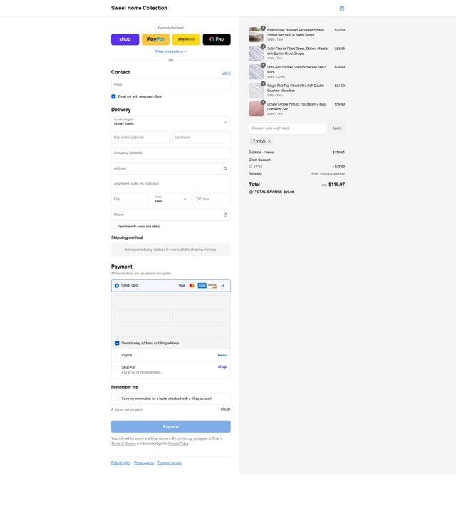 Sweet Home Collection checkout page showing Sweet Home Collection promo code box | Screenshot taken by SimplyCodes community member on Aug 31, 2025