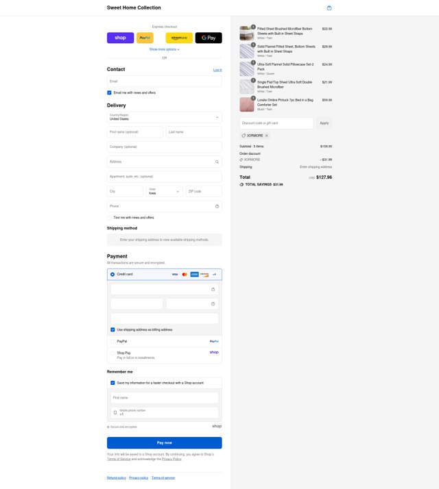 Sweet Home Collection checkout page showing Sweet Home Collection promo code box | Screenshot taken by SimplyCodes community member on Sep 4, 2025