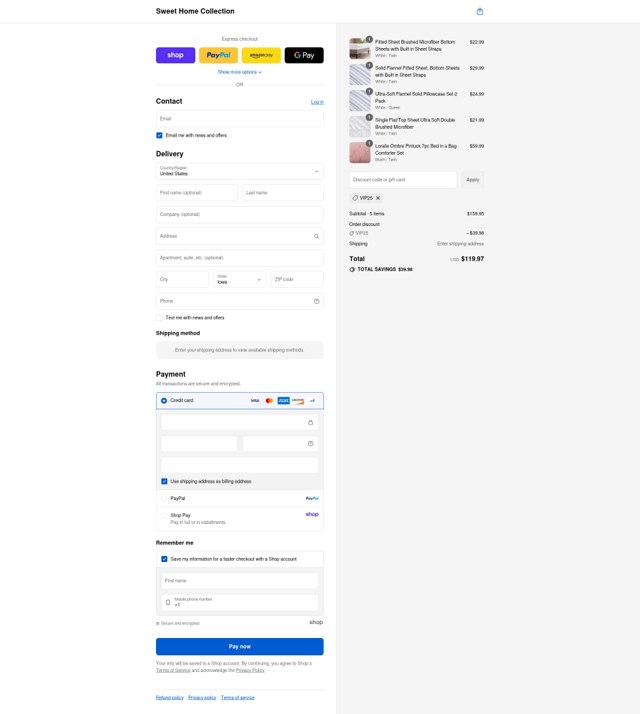 Sweet Home Collection checkout page showing Sweet Home Collection promo code box | Screenshot taken by SimplyCodes community member on Sep 4, 2025
