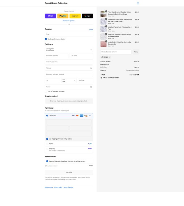 Sweet Home Collection checkout page showing Sweet Home Collection promo code box | Screenshot taken by SimplyCodes community member on Aug 31, 2025
