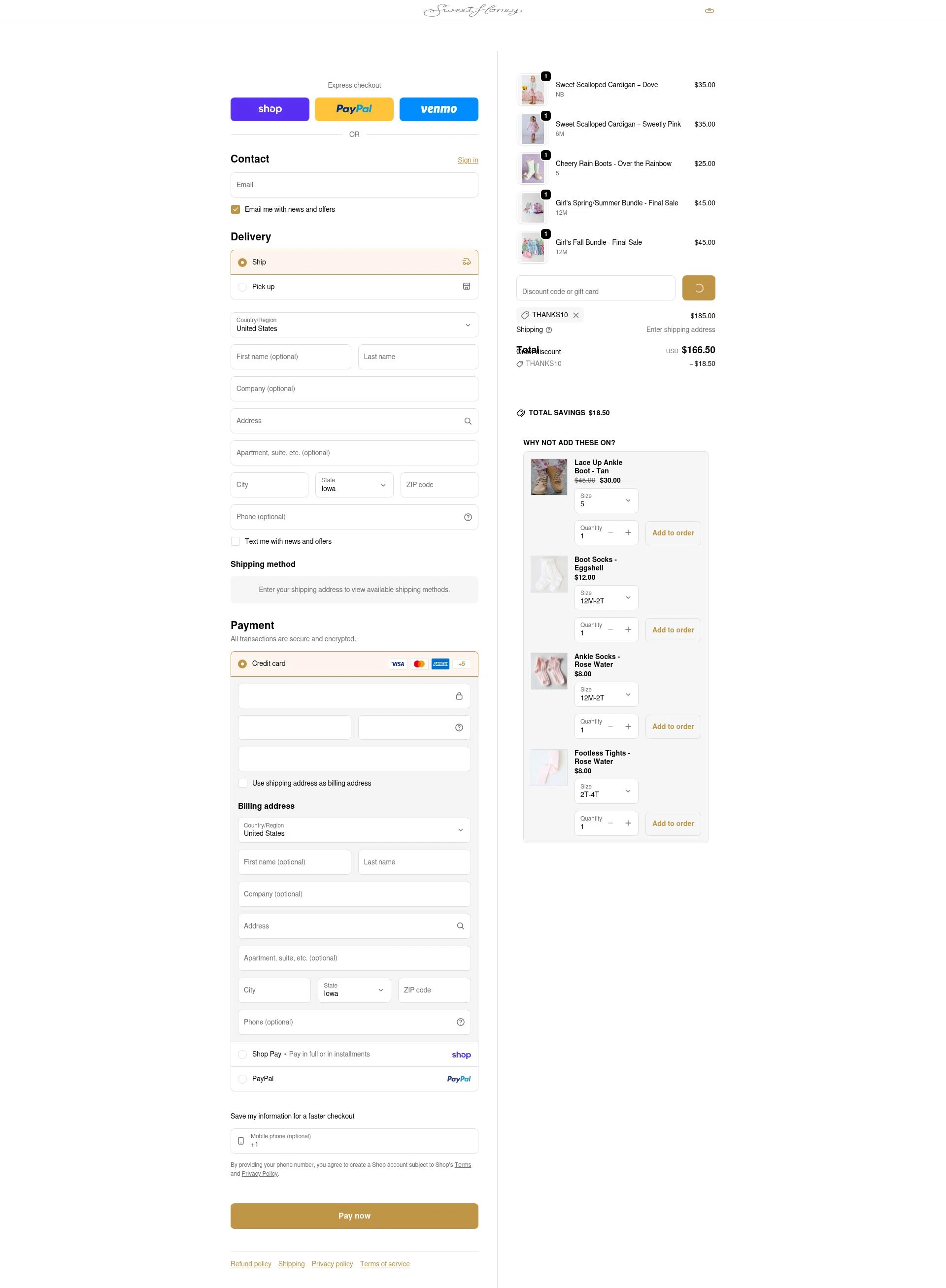 SweetHoney checkout page showing SweetHoney discount code box | Screenshot taken by SimplyCodes community member on Feb 2, 2026