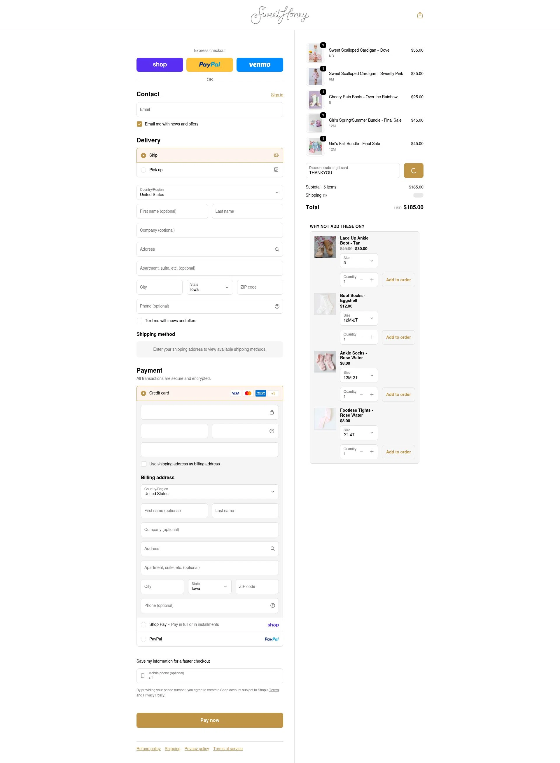 SweetHoney checkout page showing SweetHoney discount code box | Screenshot taken by SimplyCodes community member on Feb 7, 2026