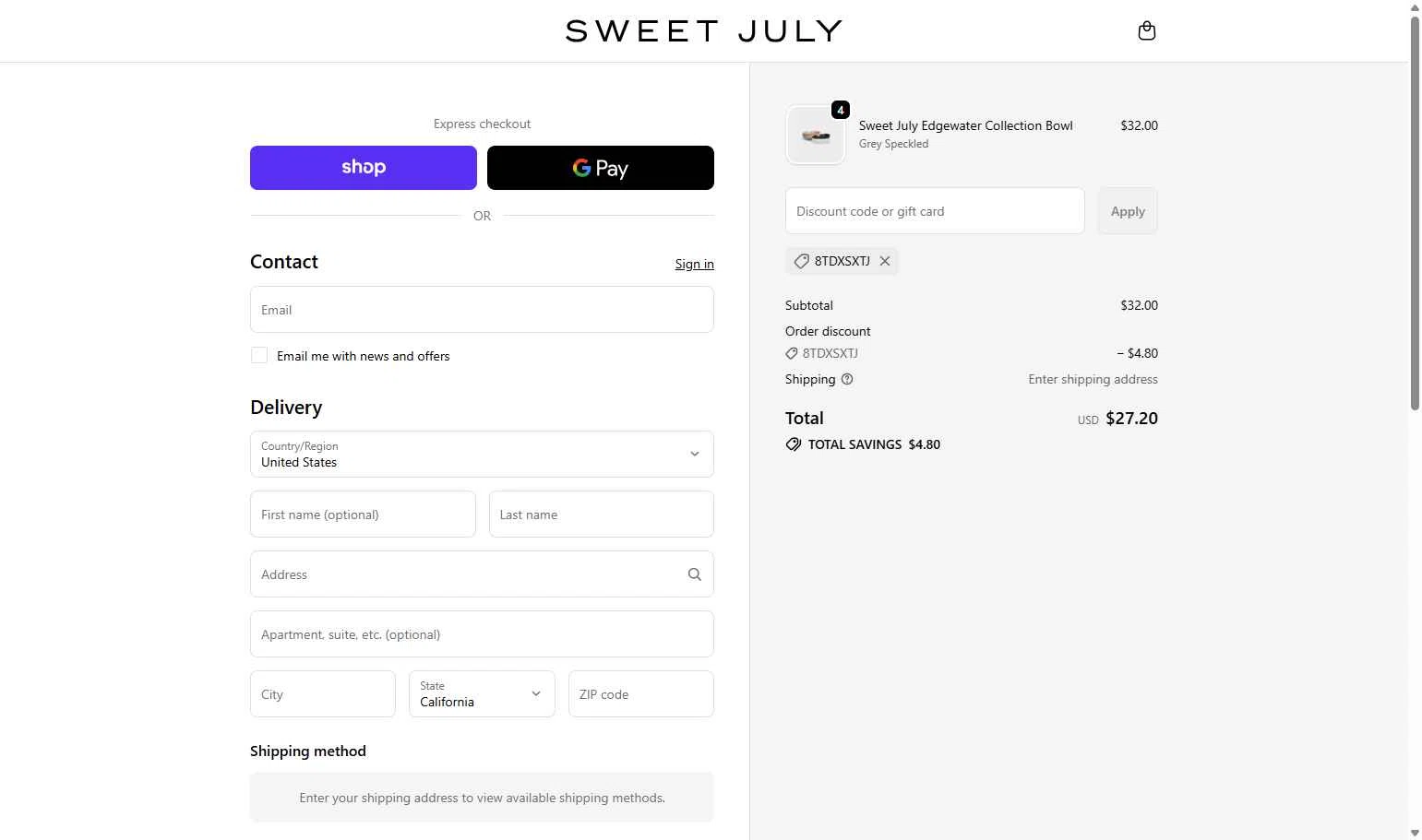 Sweet July checkout page showing Sweet July promo code box | Screenshot taken by SimplyCodes community member on Dec 22, 2025
