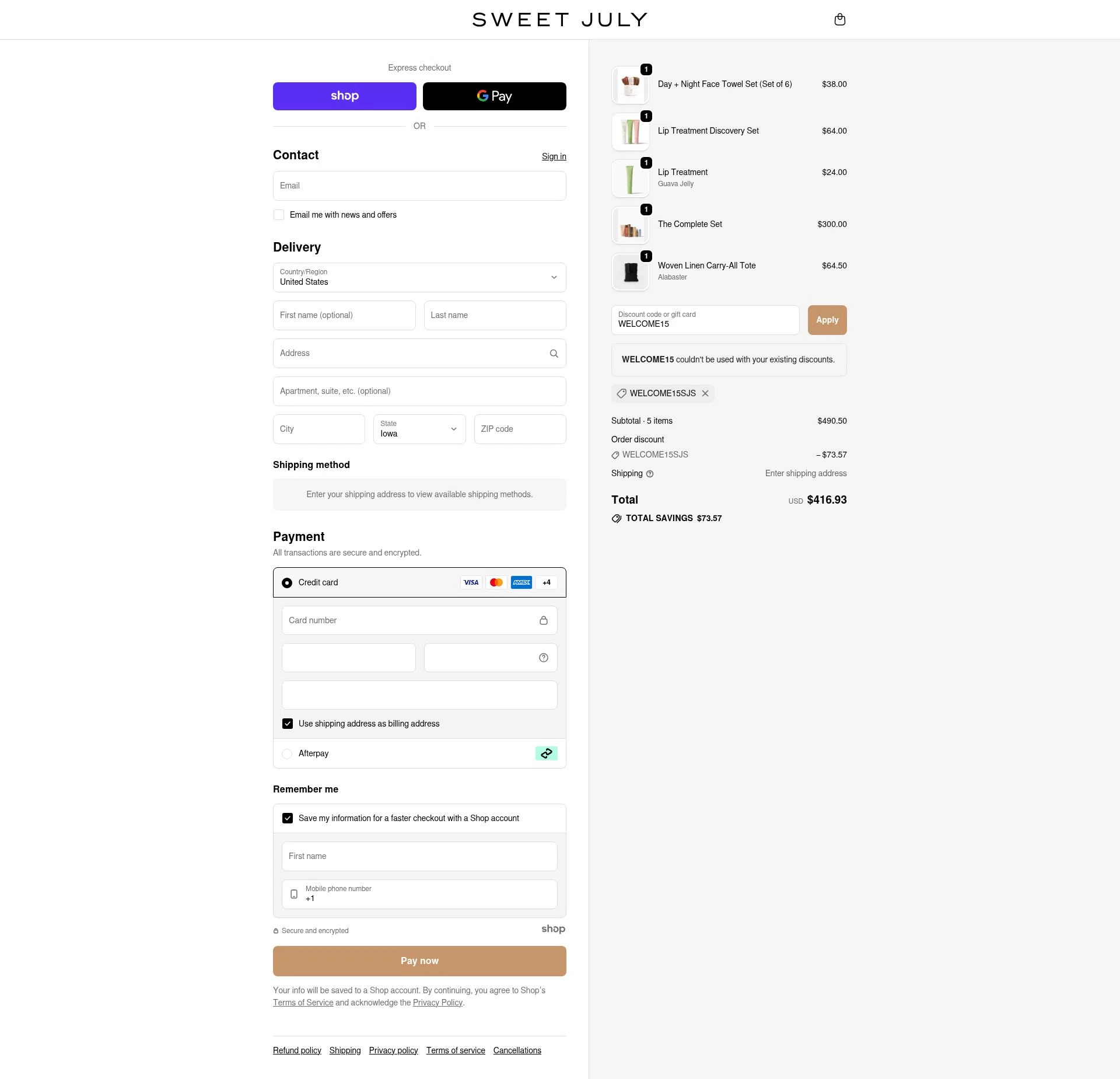 Sweet July checkout page showing Sweet July promo code box | Screenshot taken by SimplyCodes community member on Sep 25, 2025